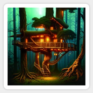 Magical Cottage Tree House with Lights in Forest with High Trees, Scenery Nature Sticker